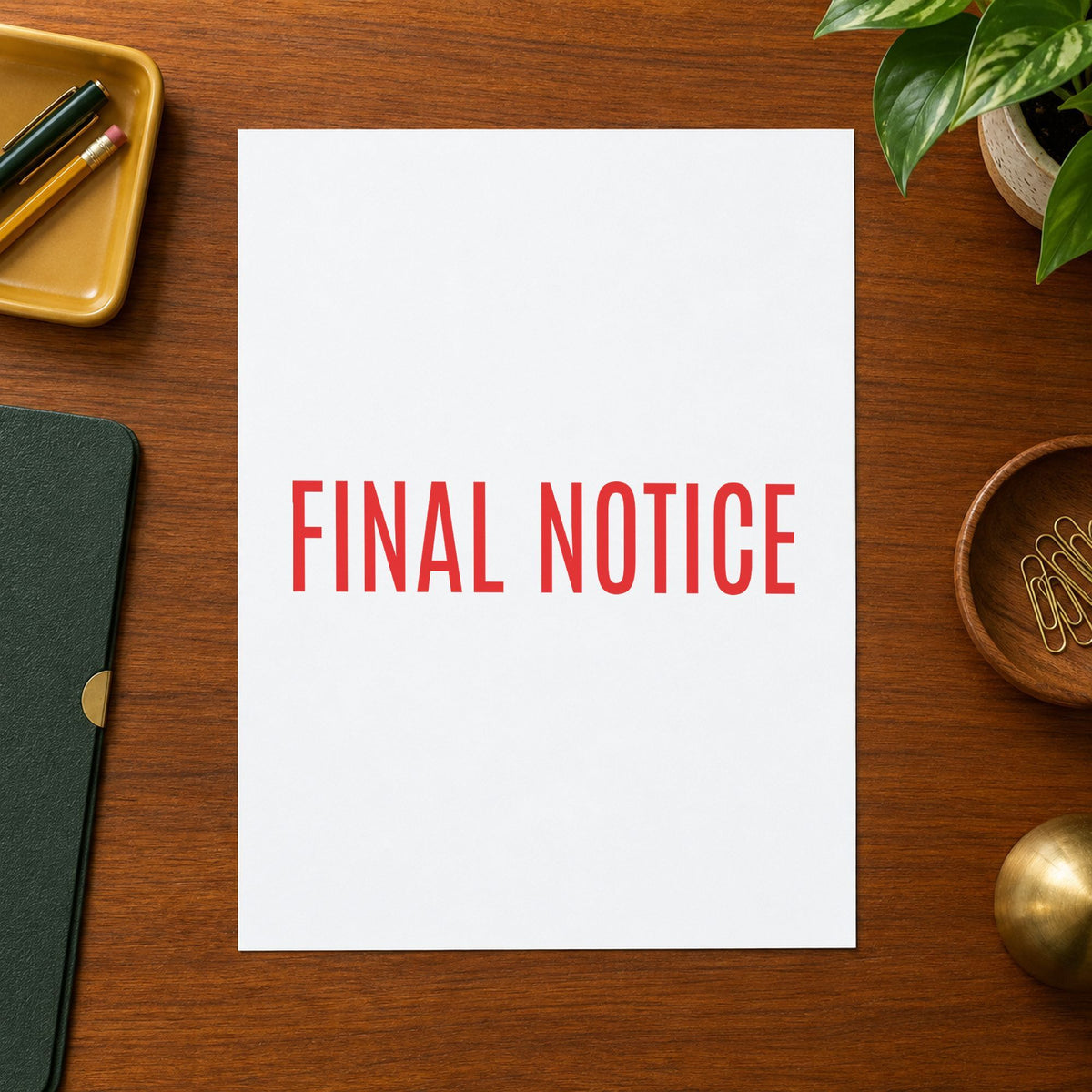 Pre-inked "Final notice" stamp applied to a document, Approximately 1/2 in tall x 1-5/8 in wide impression