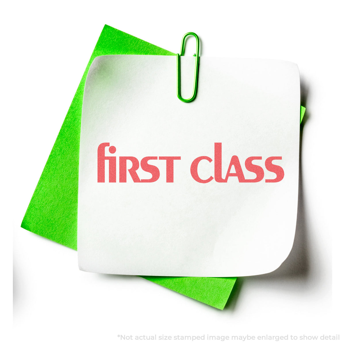 "First class" stamp and its crisp 1/2 x 1-5/8 in impression on paper