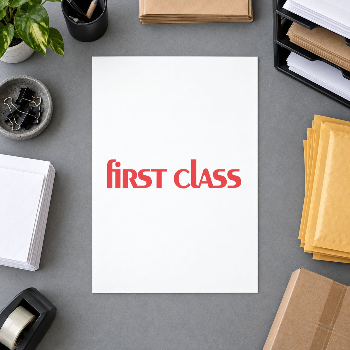 Pre-inked "First class" stamp applied to a document, 1/2 x 1-5/8 in impression
