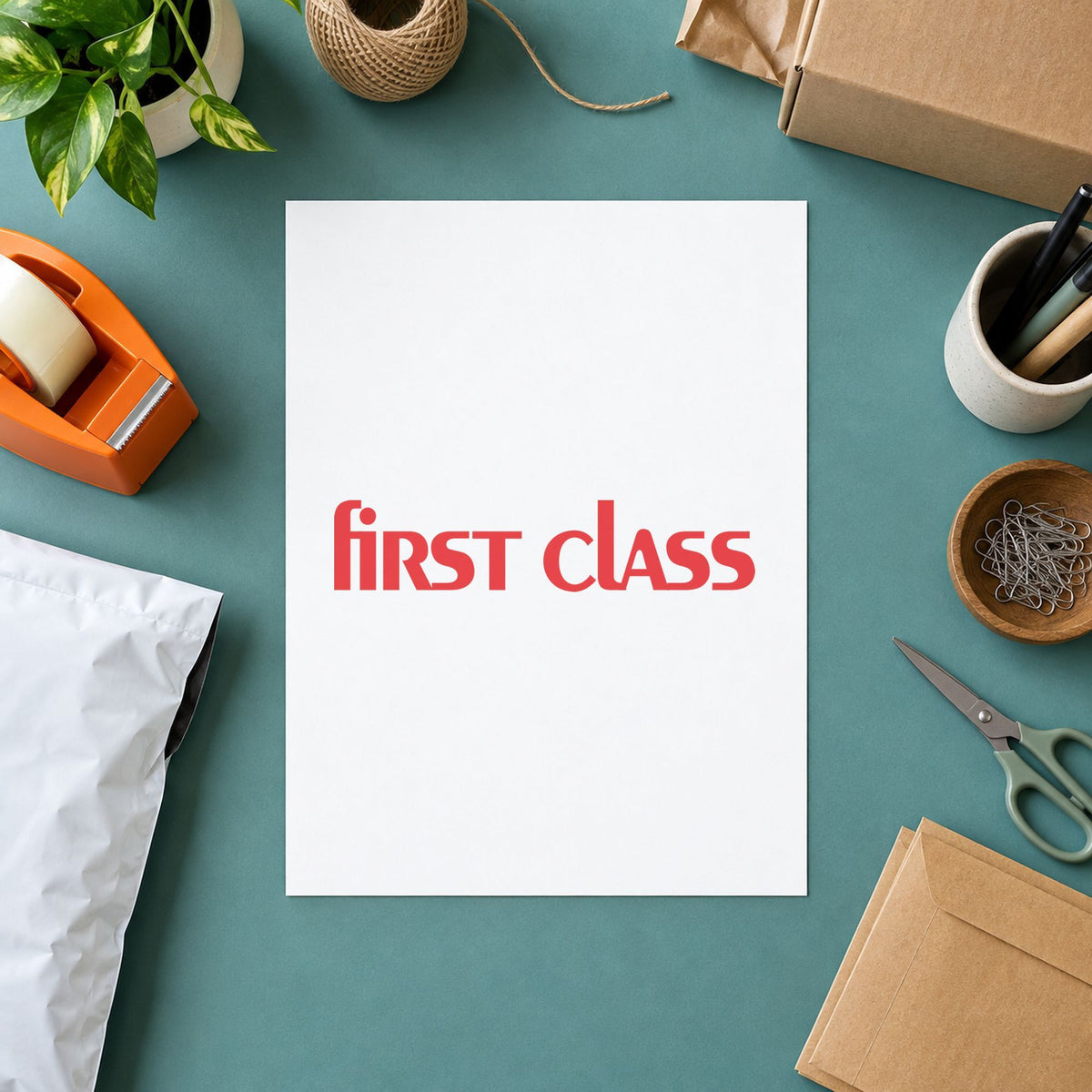 "First class" Xstamper pre-inked stamp beside its rectangle imprint