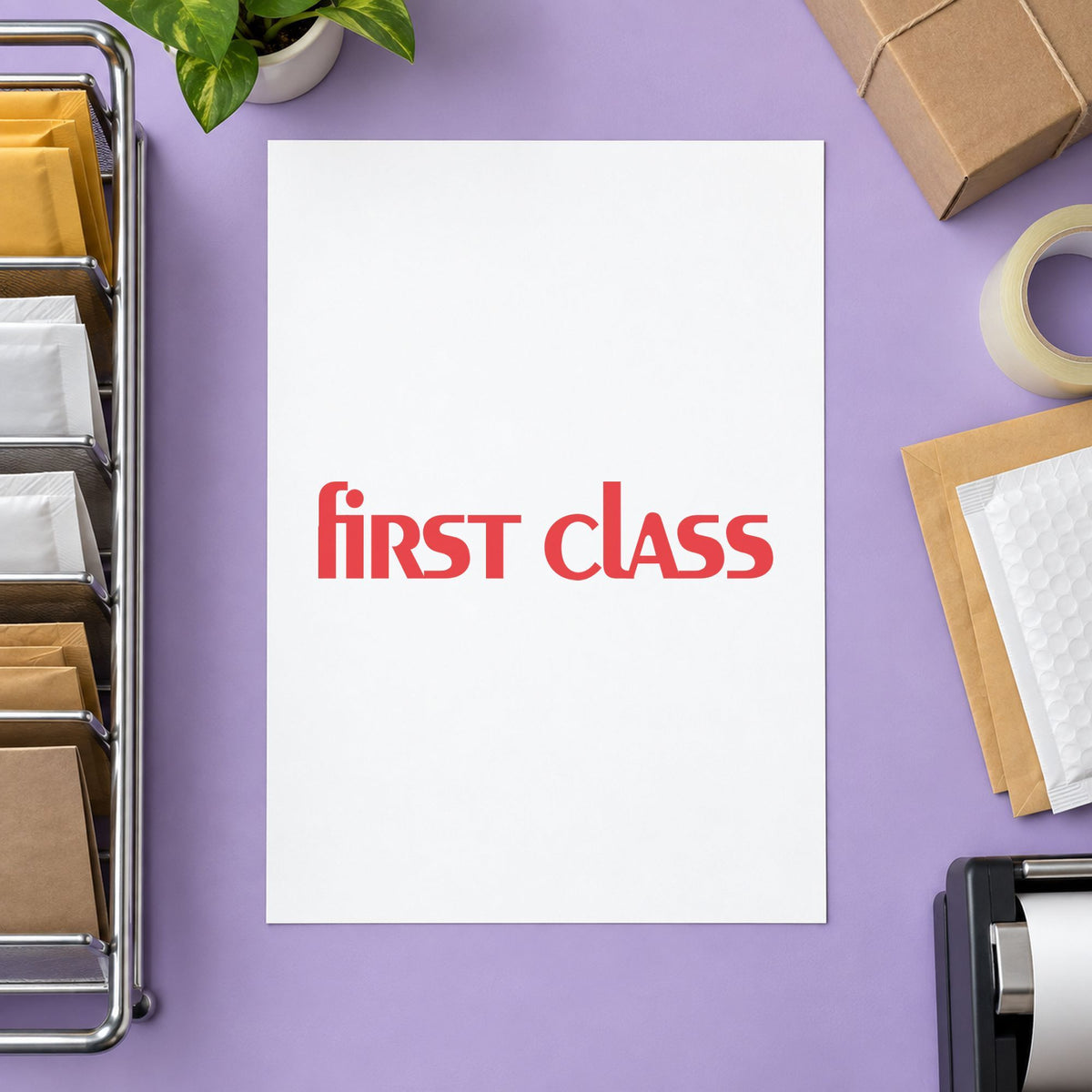 Pre-inked "First class" stamp marking paperwork in an office setting