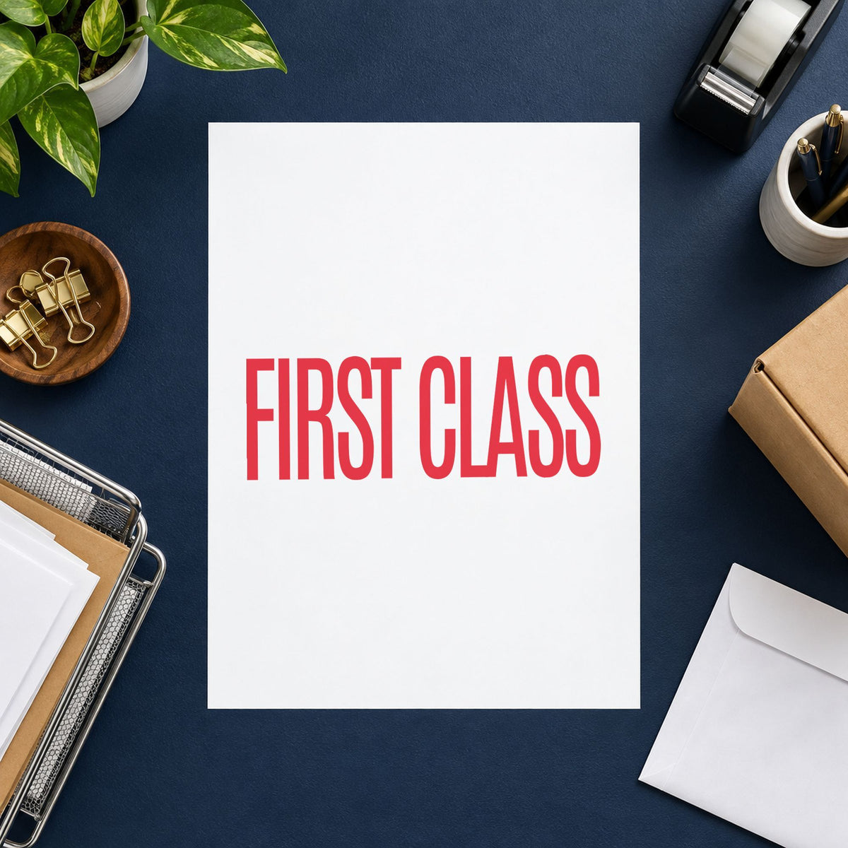 "First class" Xstamper No. 1512 stamp shown in everyday handling