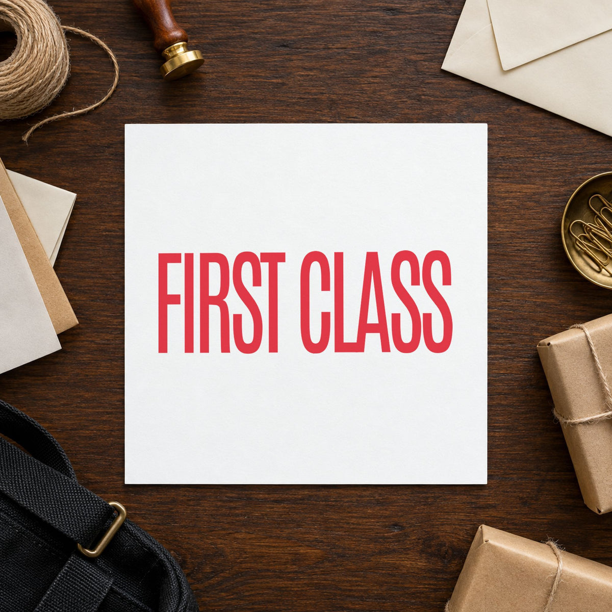 Pre-inked "First class" stamp applied to a document, Approximately 1/2 in tall x 1-5/8 in wide impression