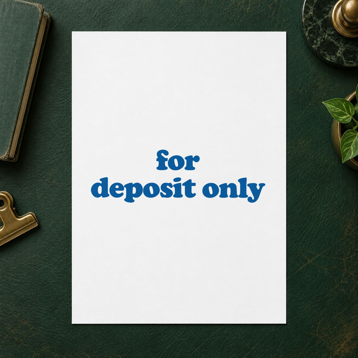 Pre-inked "For deposit only" stamp applied to a document, 1/2 x 1-5/8 in impression
