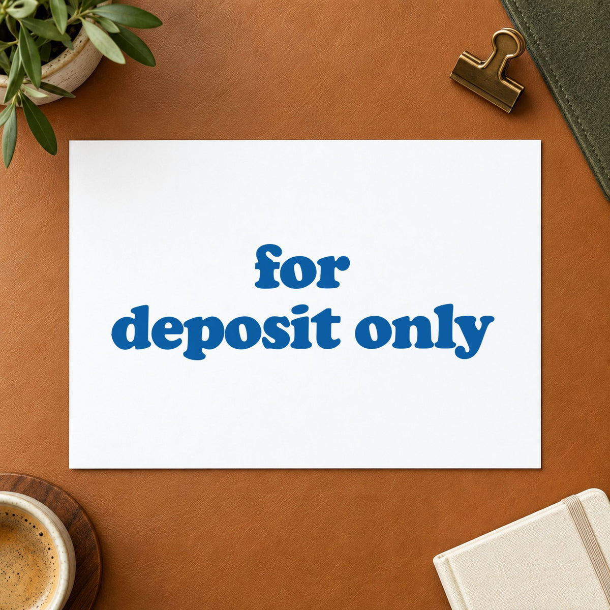"For deposit only" Xstamper stamp at work on everyday office paperwork
