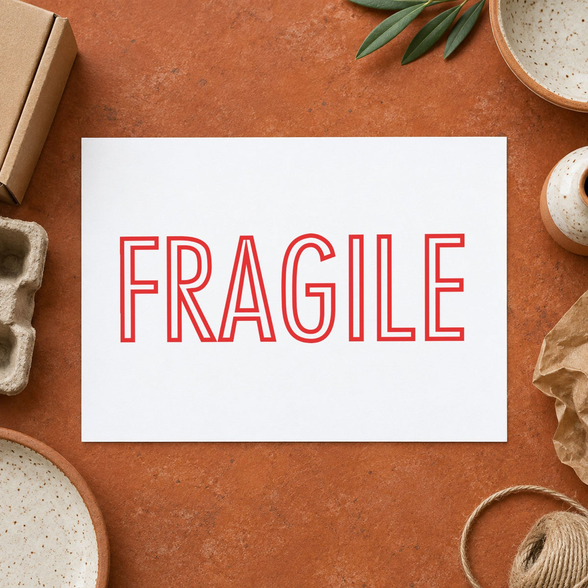 "Fragile" Xstamper stamp in use on paper, Approximately 1/2 in tall x 1-5/8 in wide rectangle imprint