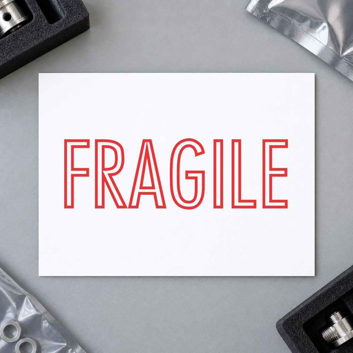 "Fragile" Xstamper stamp at work on everyday office paperwork