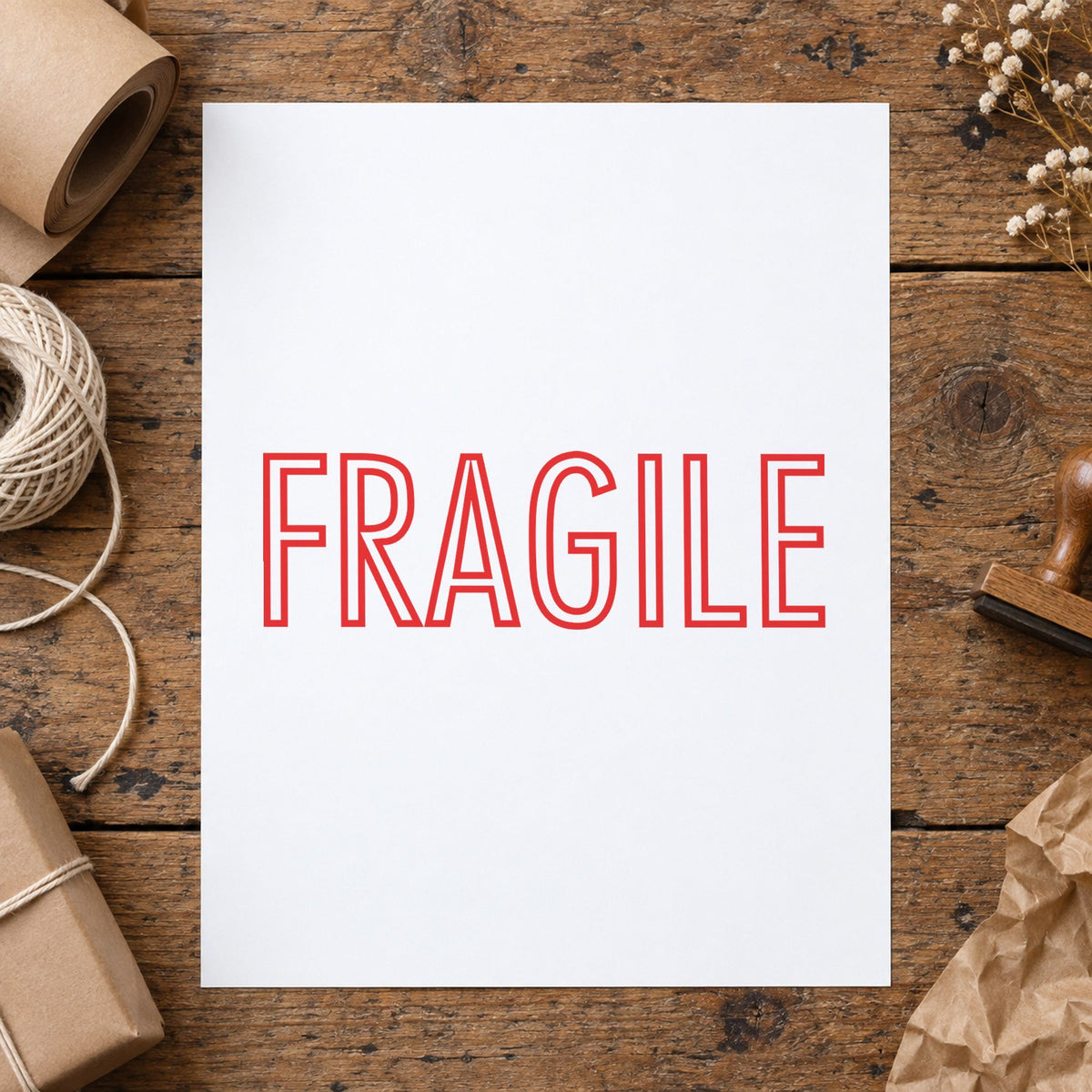 "Fragile" stamp pressed on paper, no separate ink pad needed