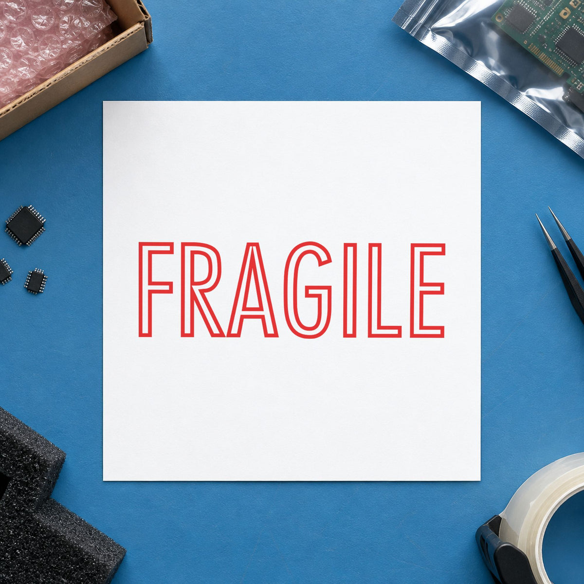 "Fragile" Xstamper pre-inked stamp beside its rectangle imprint