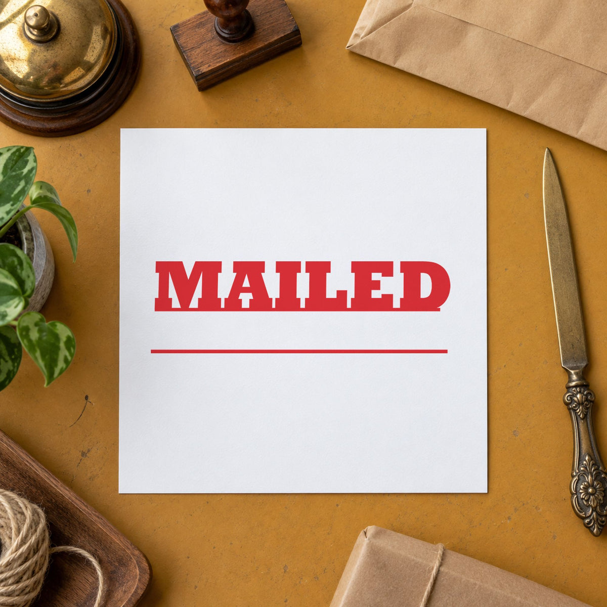 "Mailed" Xstamper stamp in use on paper, Approximately 1/2 in tall x 1-5/8 in wide rectangle imprint