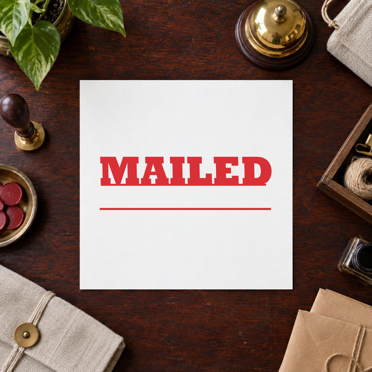 Pre-inked "Mailed" stamp applied to a document, Approximately 1/2 in tall x 1-5/8 in wide impression