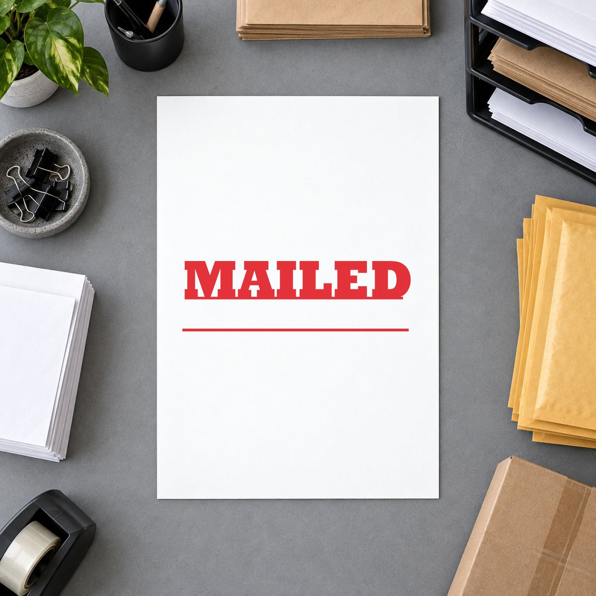 "Mailed" imprint on a printed page, Xstamper No. 1218