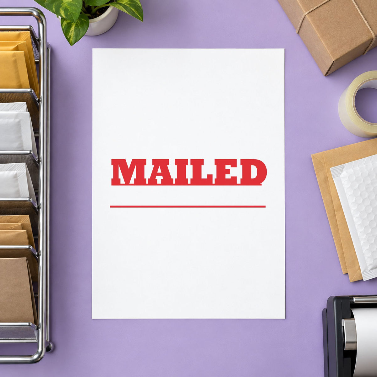 "Mailed" Xstamper pre-inked stamp beside its rectangle imprint