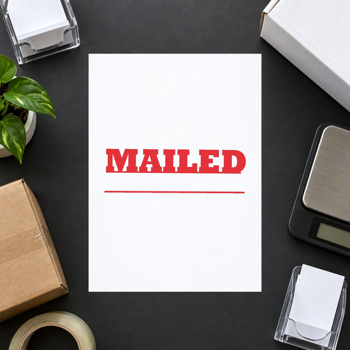 Pre-inked "Mailed" stamp marking paperwork in an office setting