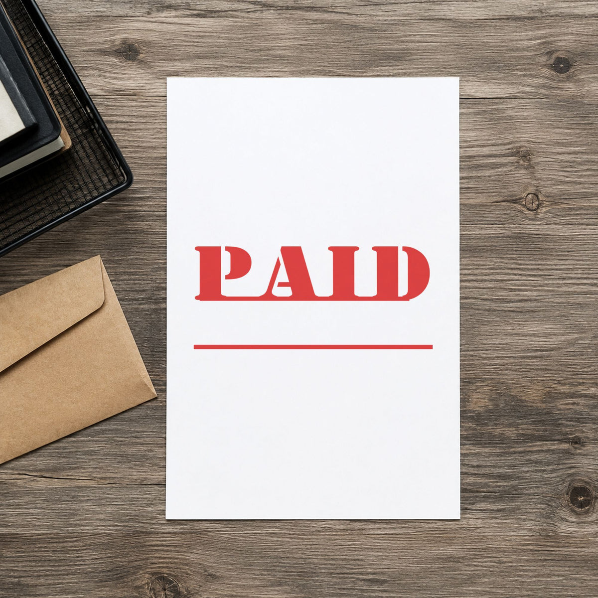 "Paid" Xstamper stamp in use on paper, Approximately 1/2 in tall x 1-5/8 in wide rectangle imprint