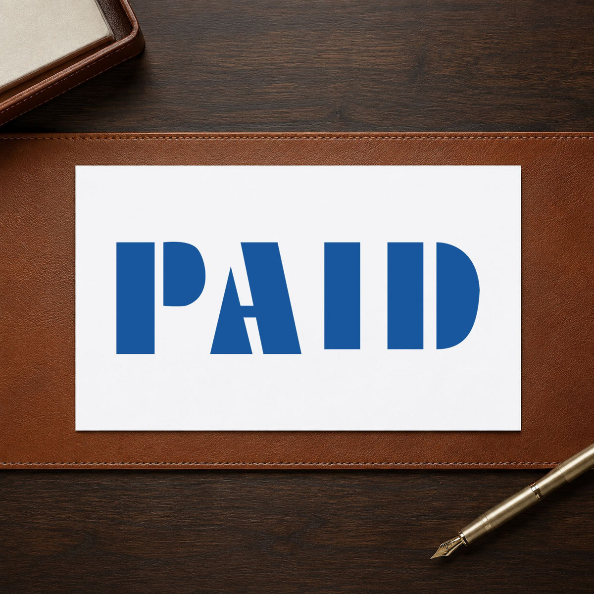 Pre-inked "Paid" stamp applied to a document, 1/2 x 1-5/8 in impression