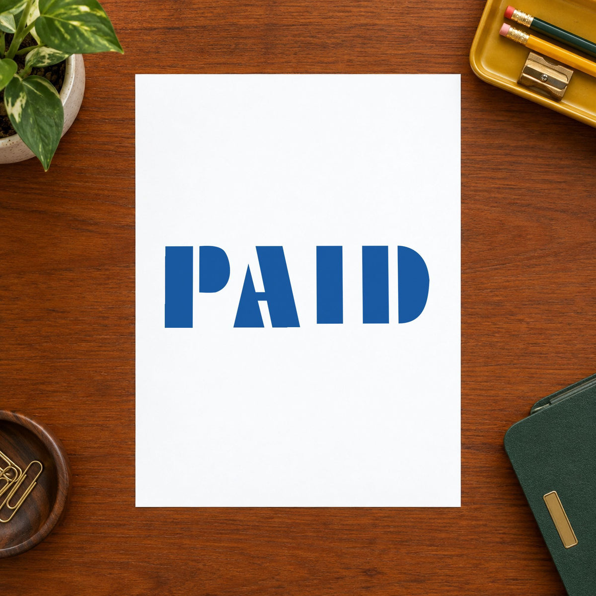 "Paid" stamp pressed on paper, no separate ink pad needed