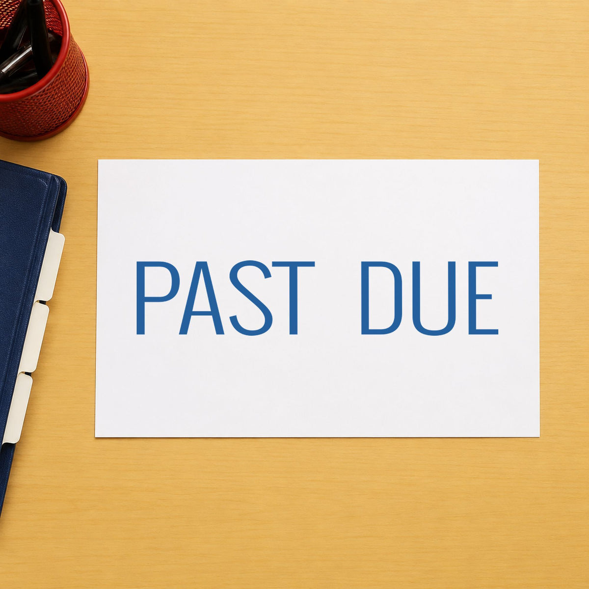 "Past due" Xstamper stamp in use on paper, Approximately 1/2 in tall x 1-5/8 in wide rectangle imprint