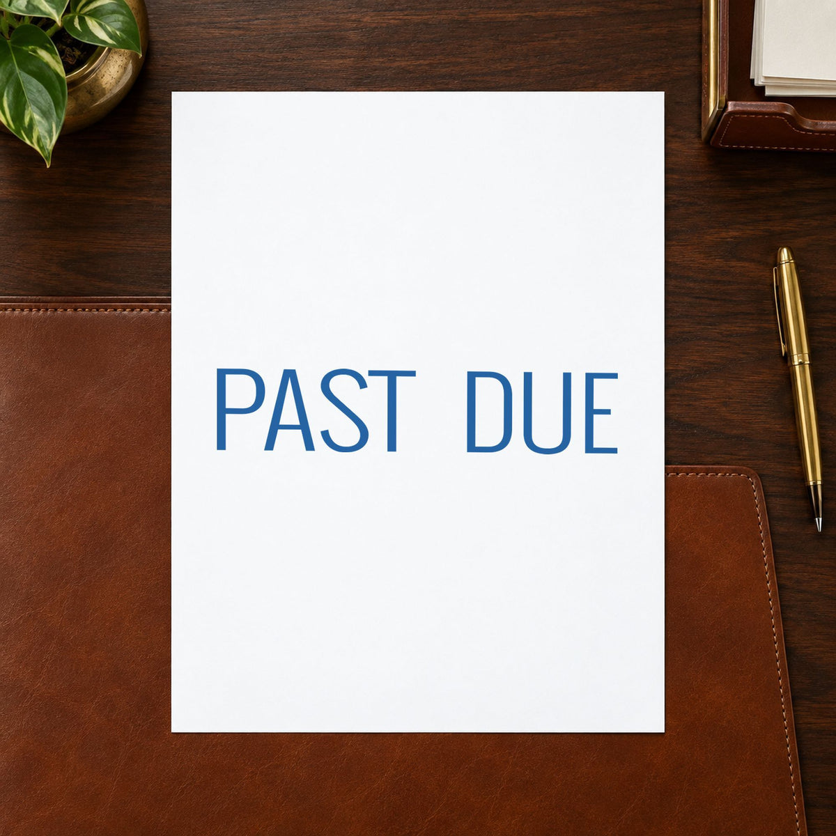 Pre-inked "Past due" stamp applied to a document, Approximately 1/2 in tall x 1-5/8 in wide impression
