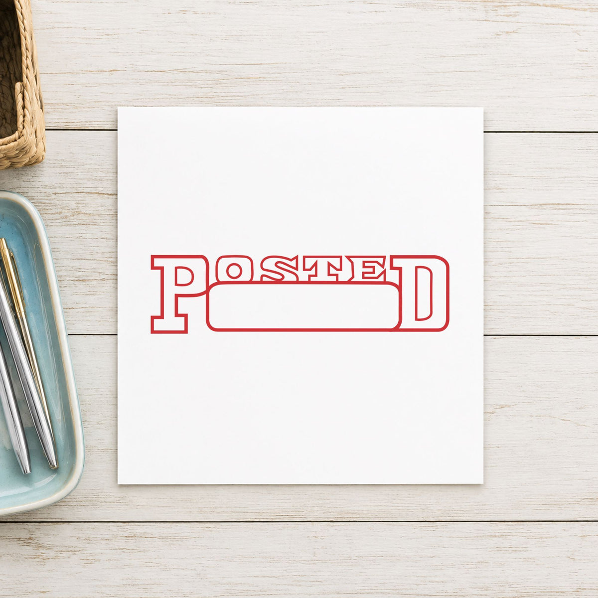 "Date posted" Xstamper stamp in use on paper, Approximately 1/2 in tall x 1-5/8 in wide rectangle imprint