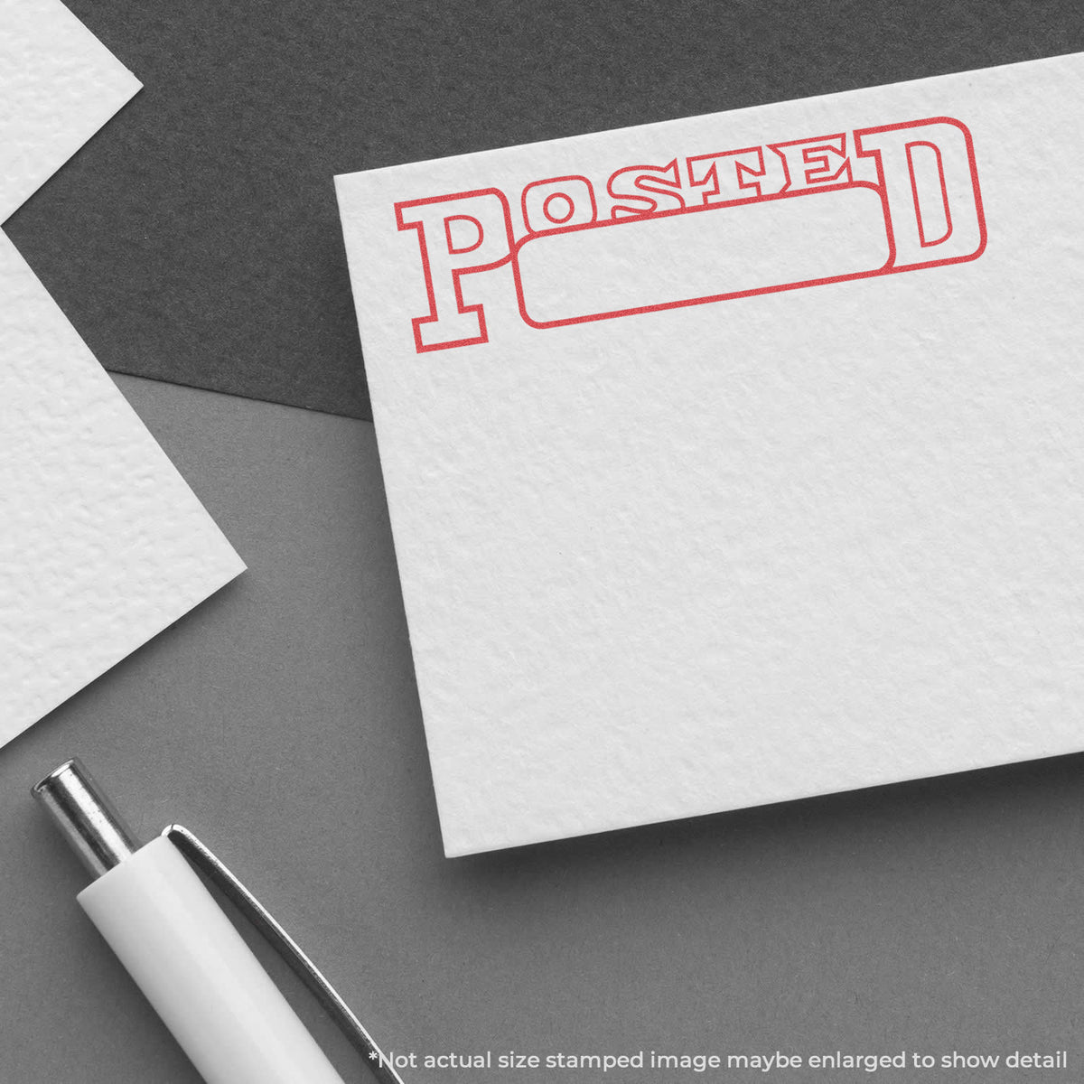 "Date posted" pre-inked imprint on a page, rectangle shape at Approximately 1/2 in tall x 1-5/8 in wide