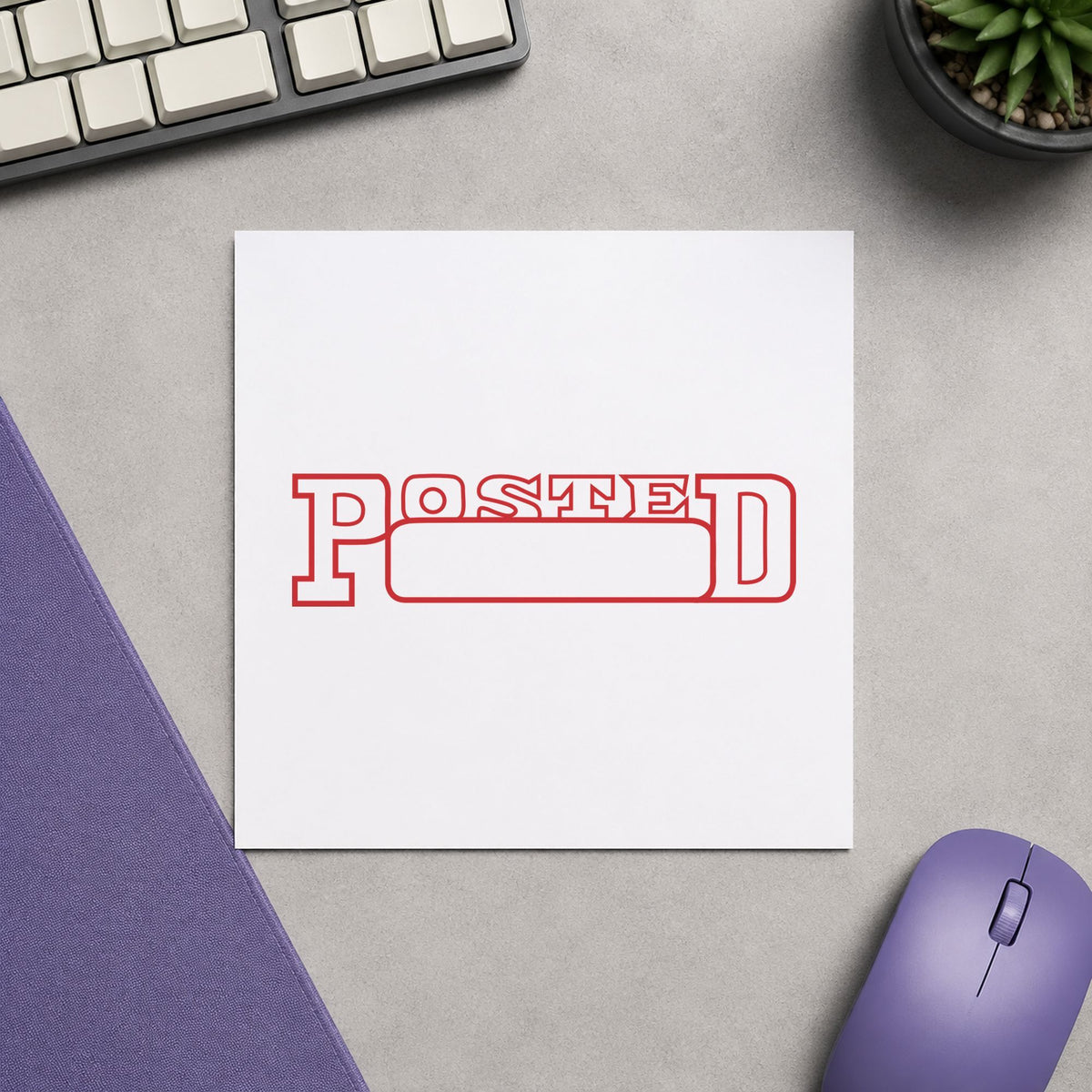 Pre-inked "Date posted" stamp applied to a document, Approximately 1/2 in tall x 1-5/8 in wide impression