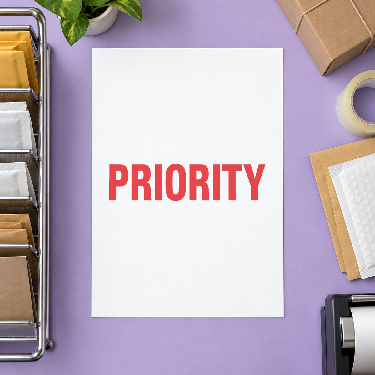 "Priority" Xstamper stamp in use on paper, 1/2 x 1-5/8 in rectangle imprint