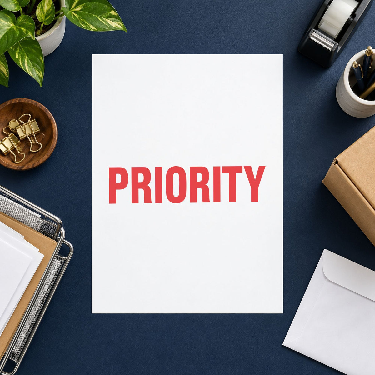 "Priority" Xstamper pre-inked stamp beside its rectangle imprint
