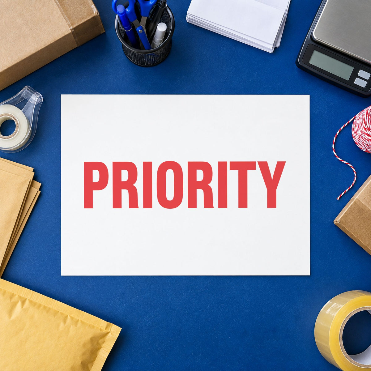 Pre-inked "Priority" stamp marking paperwork in an office setting