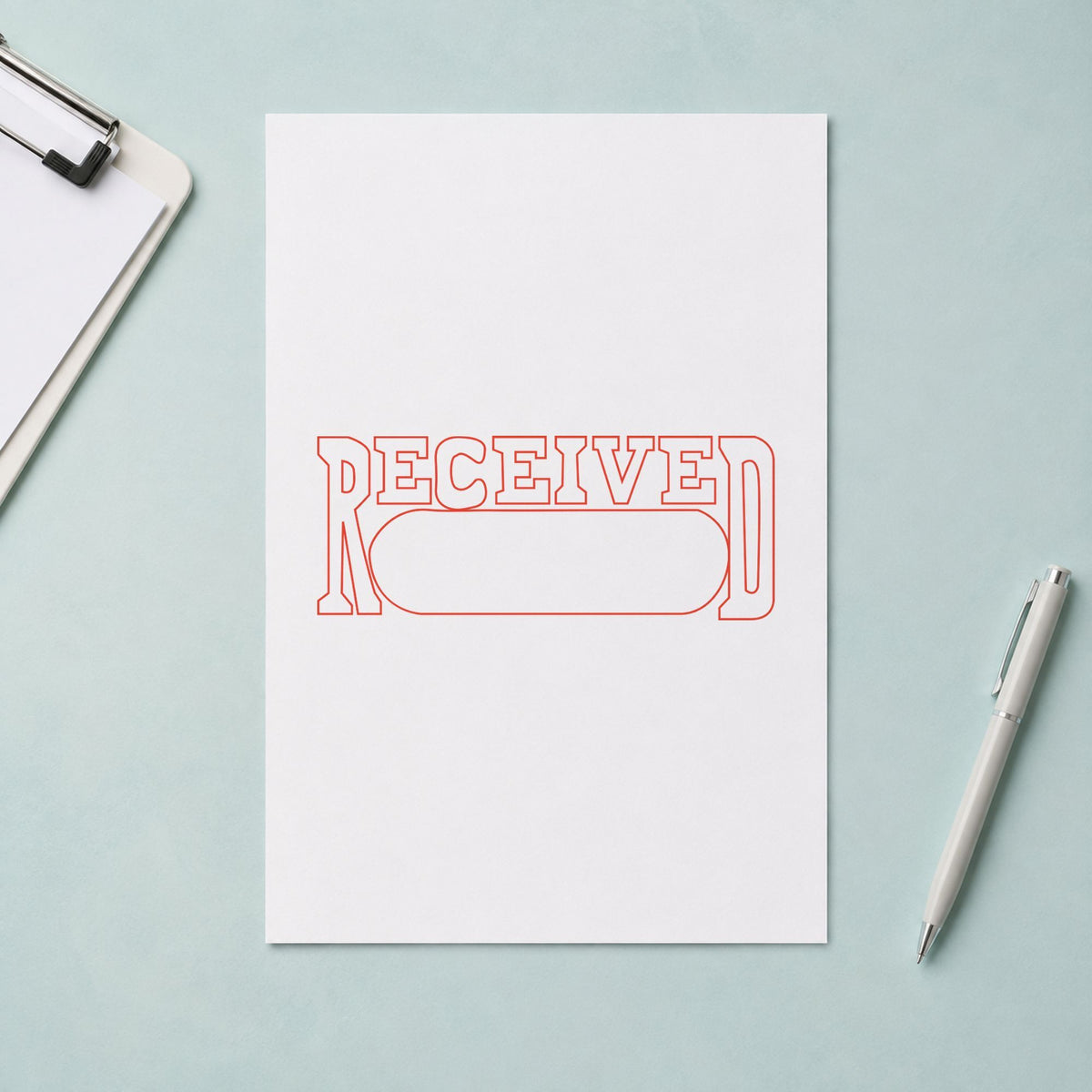 Pre-inked "Date received" stamp applied to a document, Approximately 1/2 in tall x 1-5/8 in wide impression