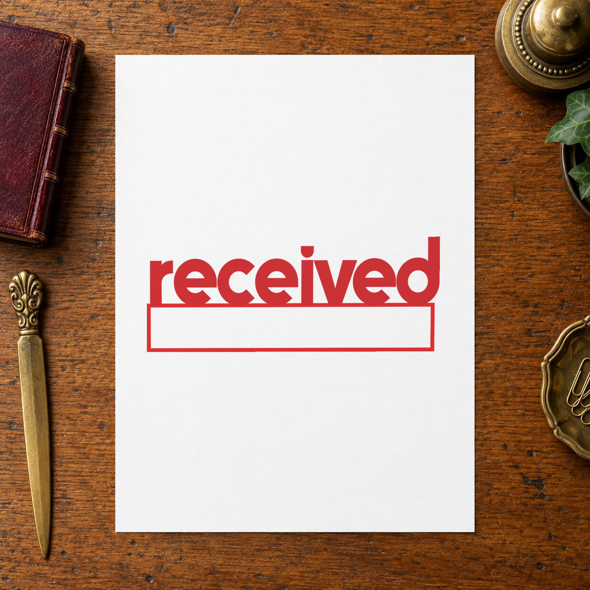 Pre-inked "Received" stamp applied to a document, 1/2 x 1-5/8 in impression