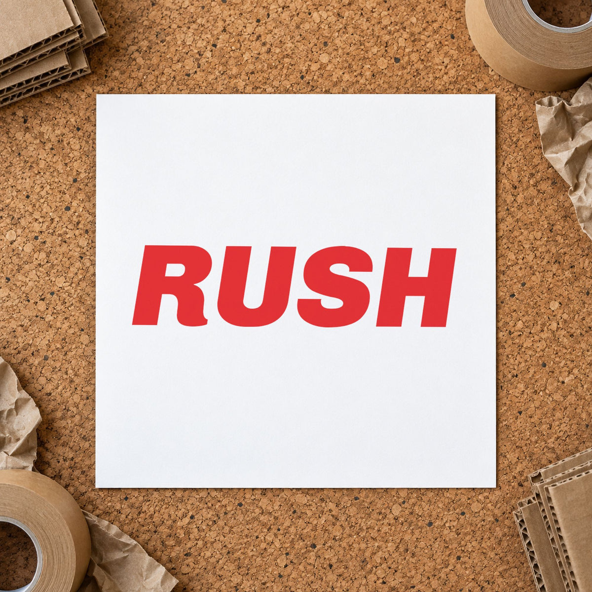 "Rush" Xstamper stamp in use on paper, Approximately 1/2 in tall x 1-5/8 in wide rectangle imprint