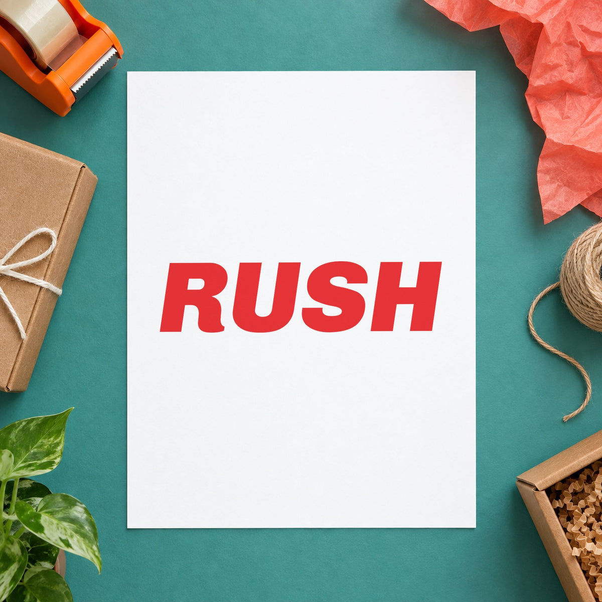 Pre-inked "Rush" stamp applied to a document, Approximately 1/2 in tall x 1-5/8 in wide impression
