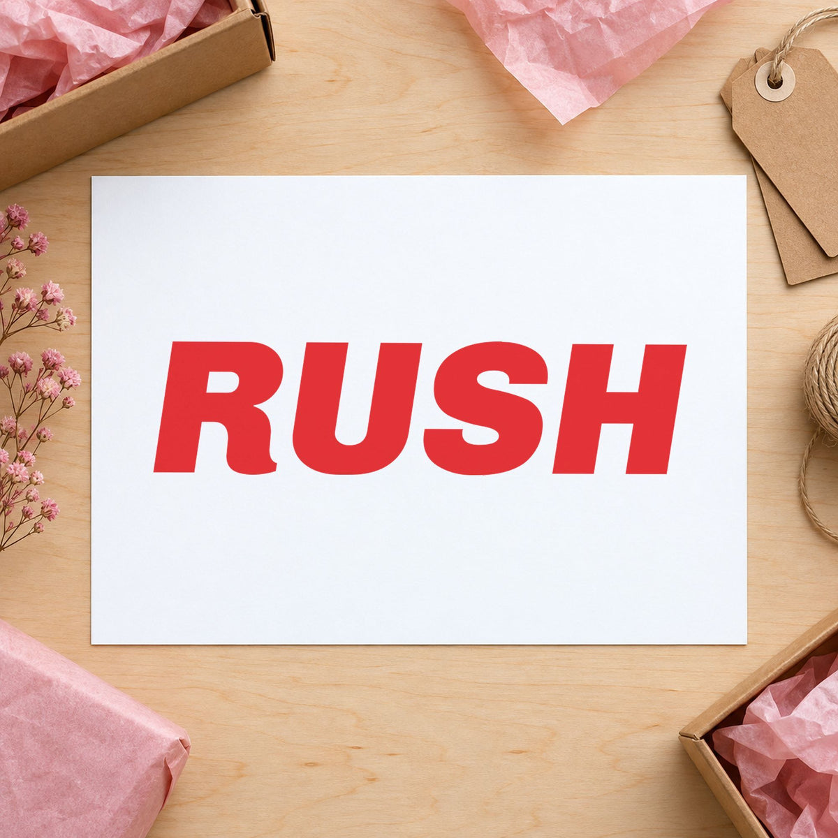 "Rush" Xstamper pre-inked stamp beside its rectangle imprint