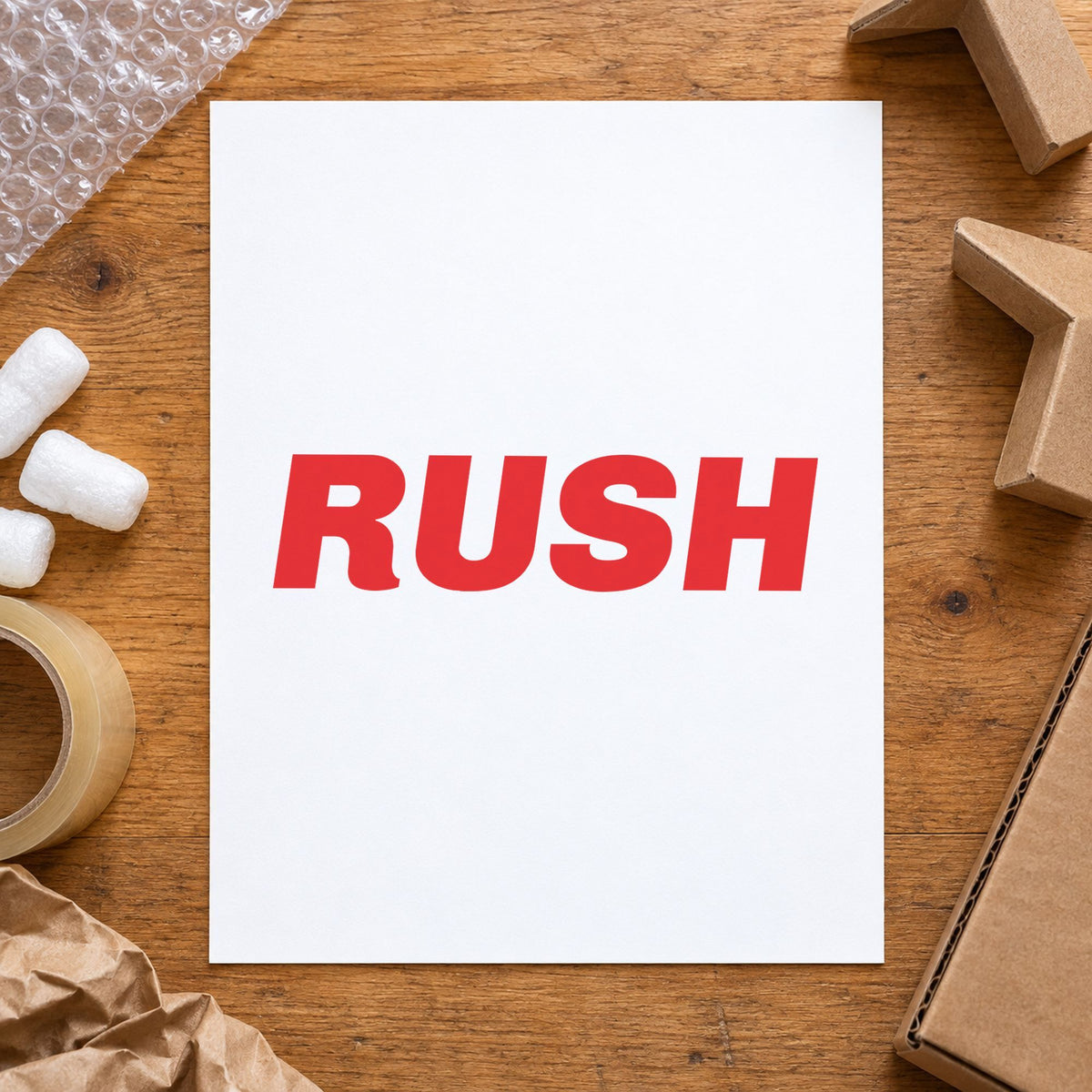 Pre-inked "Rush" stamp marking paperwork in an office setting