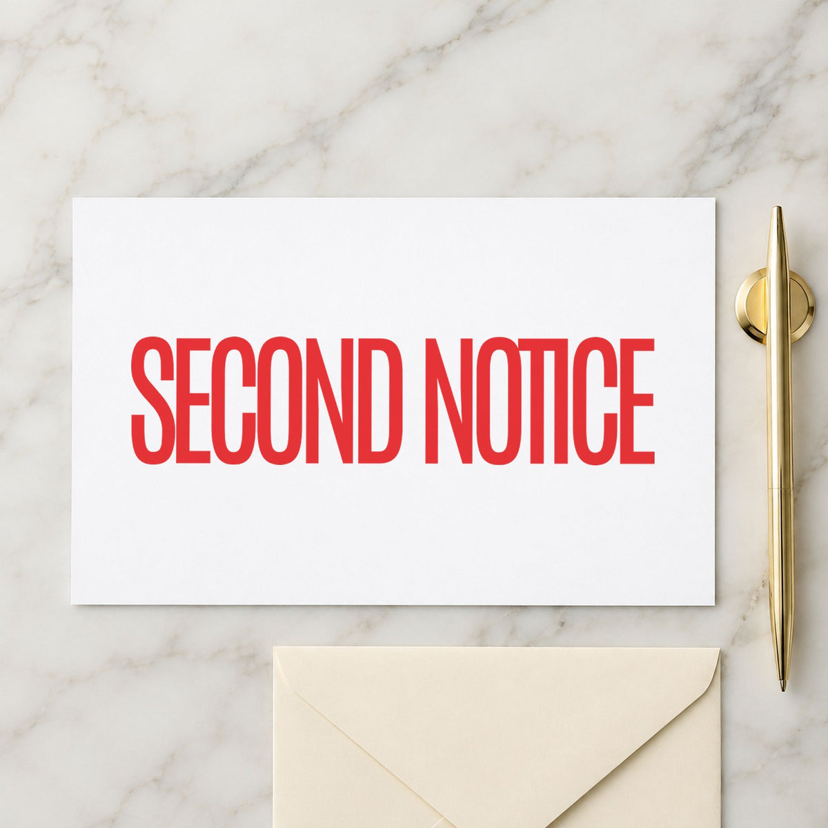 Pre-inked "Second notice" stamp applied to a document, 1/2 x 1-5/8 in impression