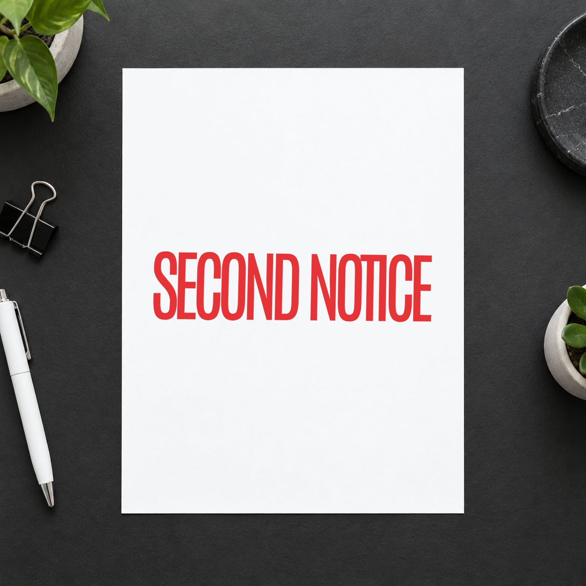"Second notice" Xstamper pre-inked stamp beside its rectangle imprint