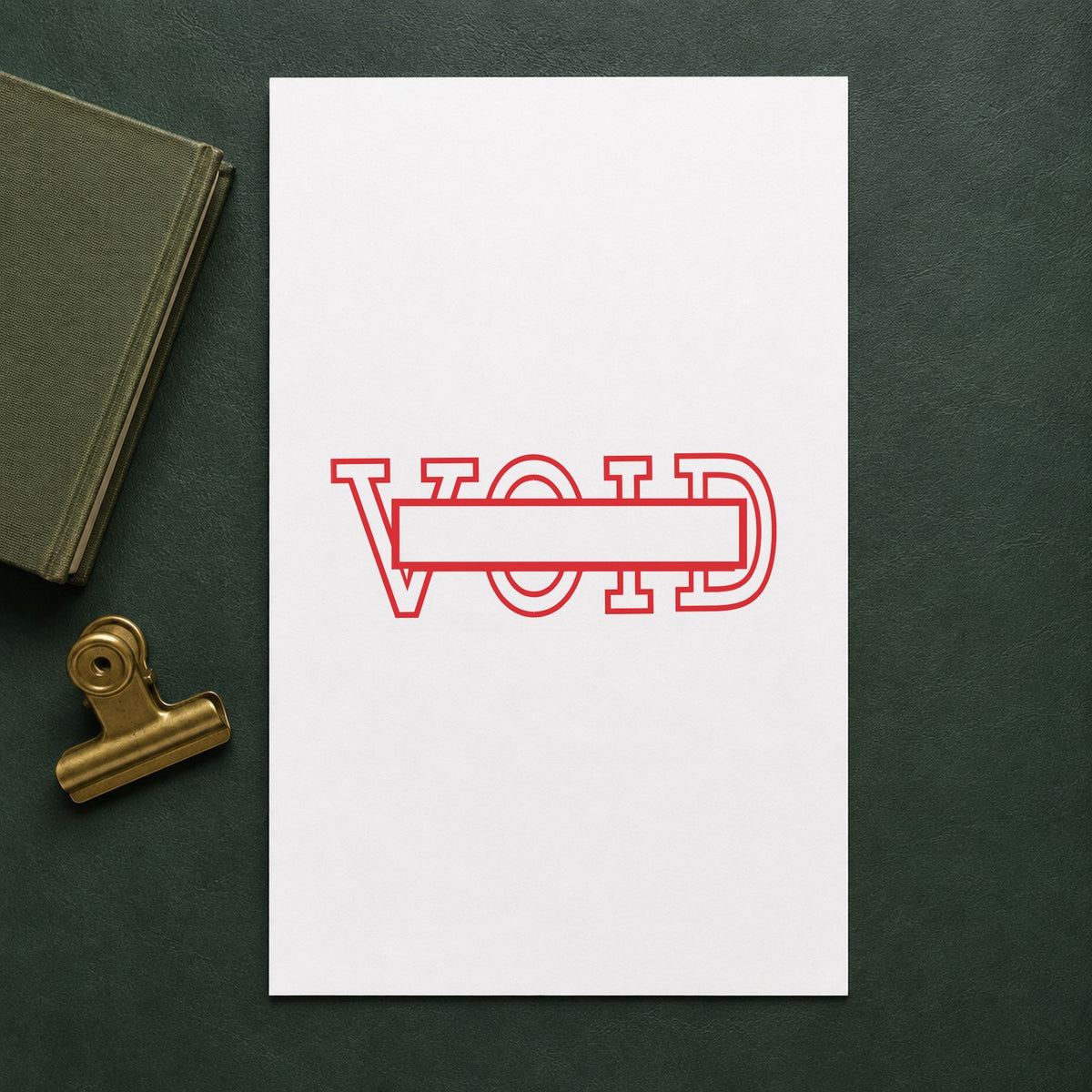"Date void" Xstamper stamp in use on paper, 1/2 x 1-5/8 in rectangle imprint