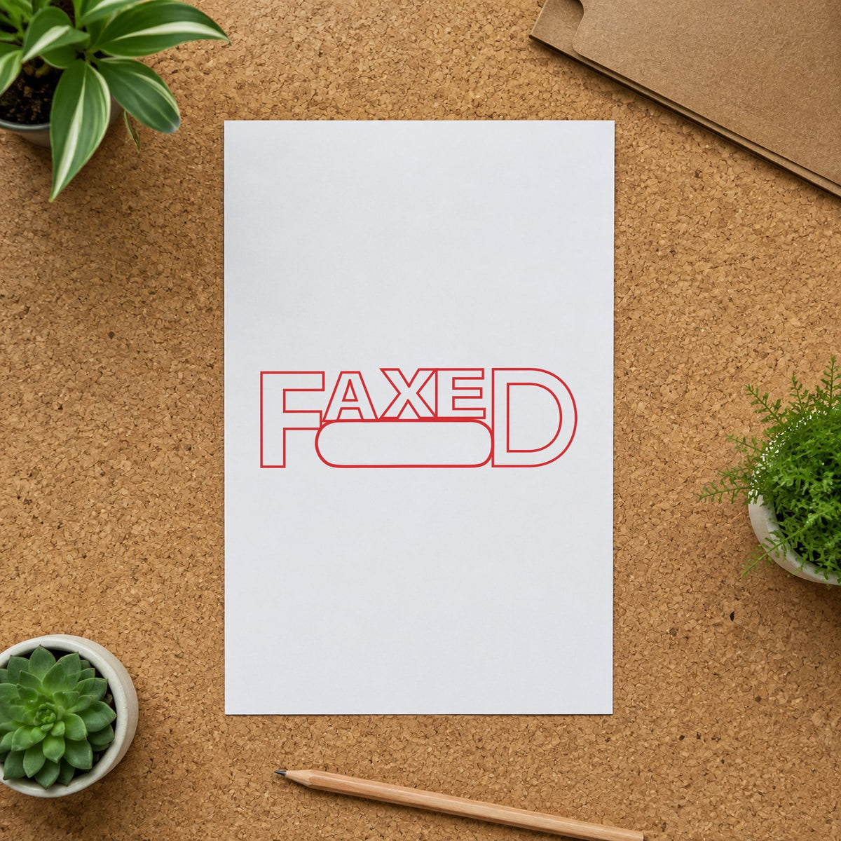 "Date faxed" Xstamper stamp in use on paper, Approximately 1/2 in tall x 1-5/8 in wide rectangle imprint