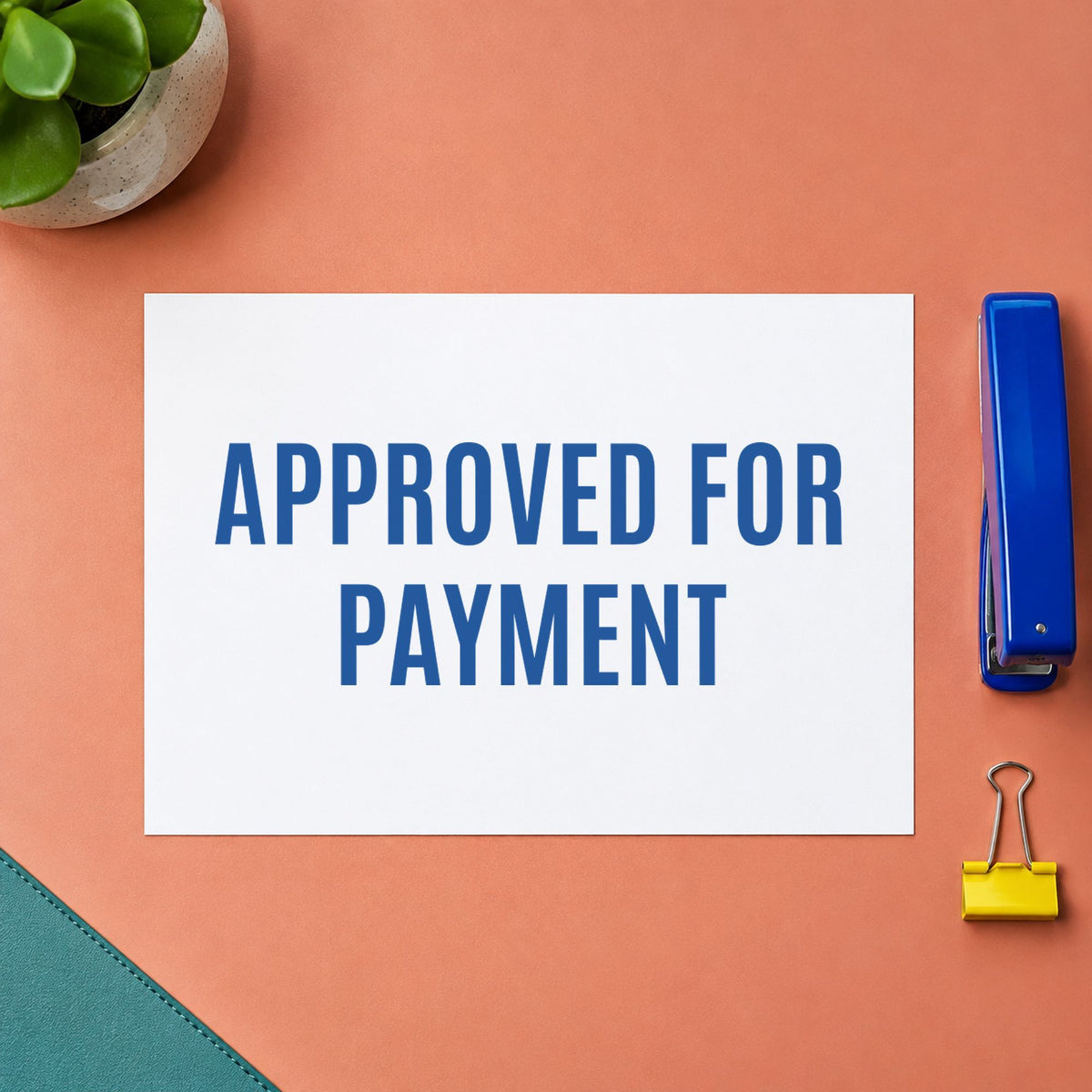 "Approved for payment" Xstamper No. 1025 stamp shown in everyday handling