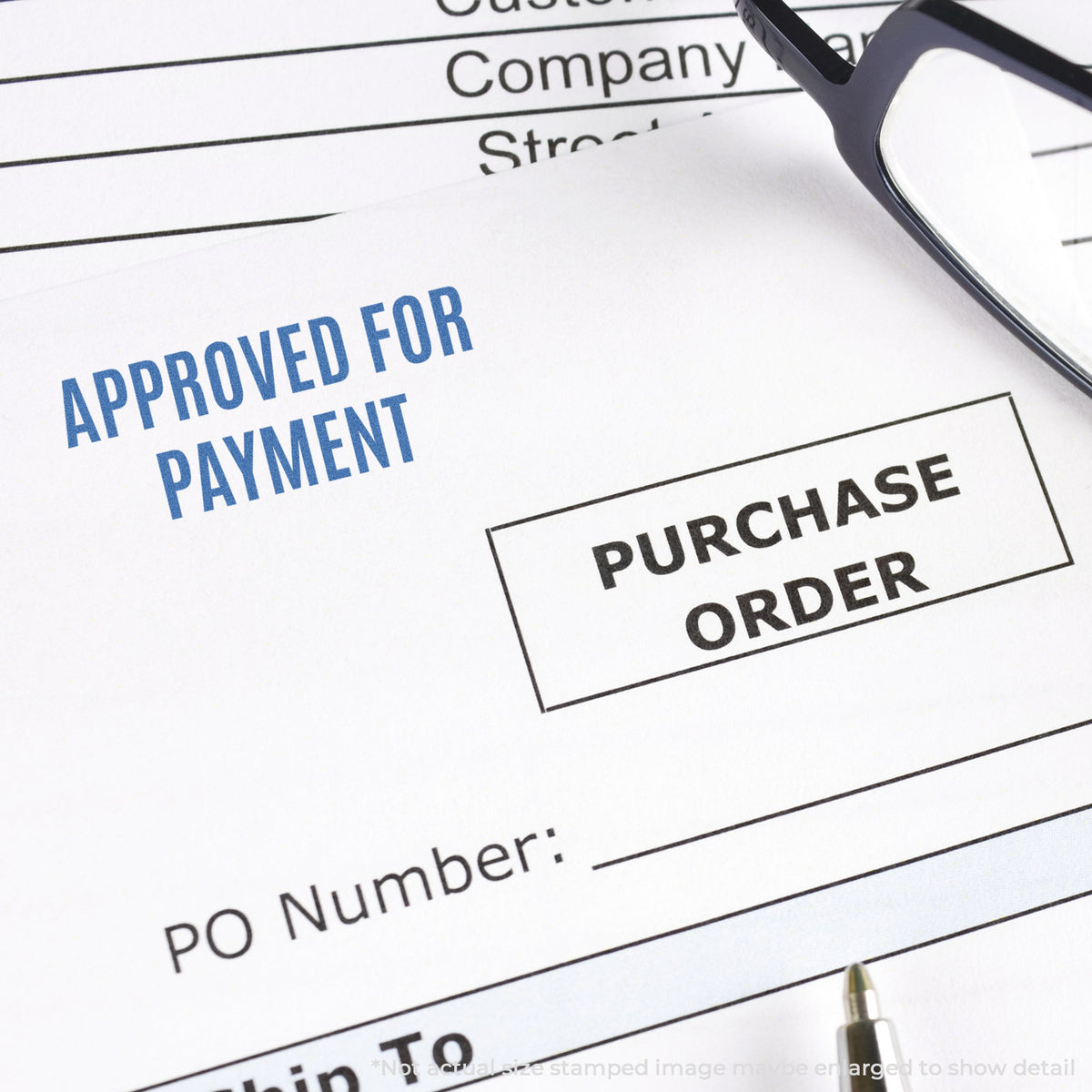"Approved for payment" pre-inked imprint on a page, rectangle shape at 1/2 x 1-5/8 in
