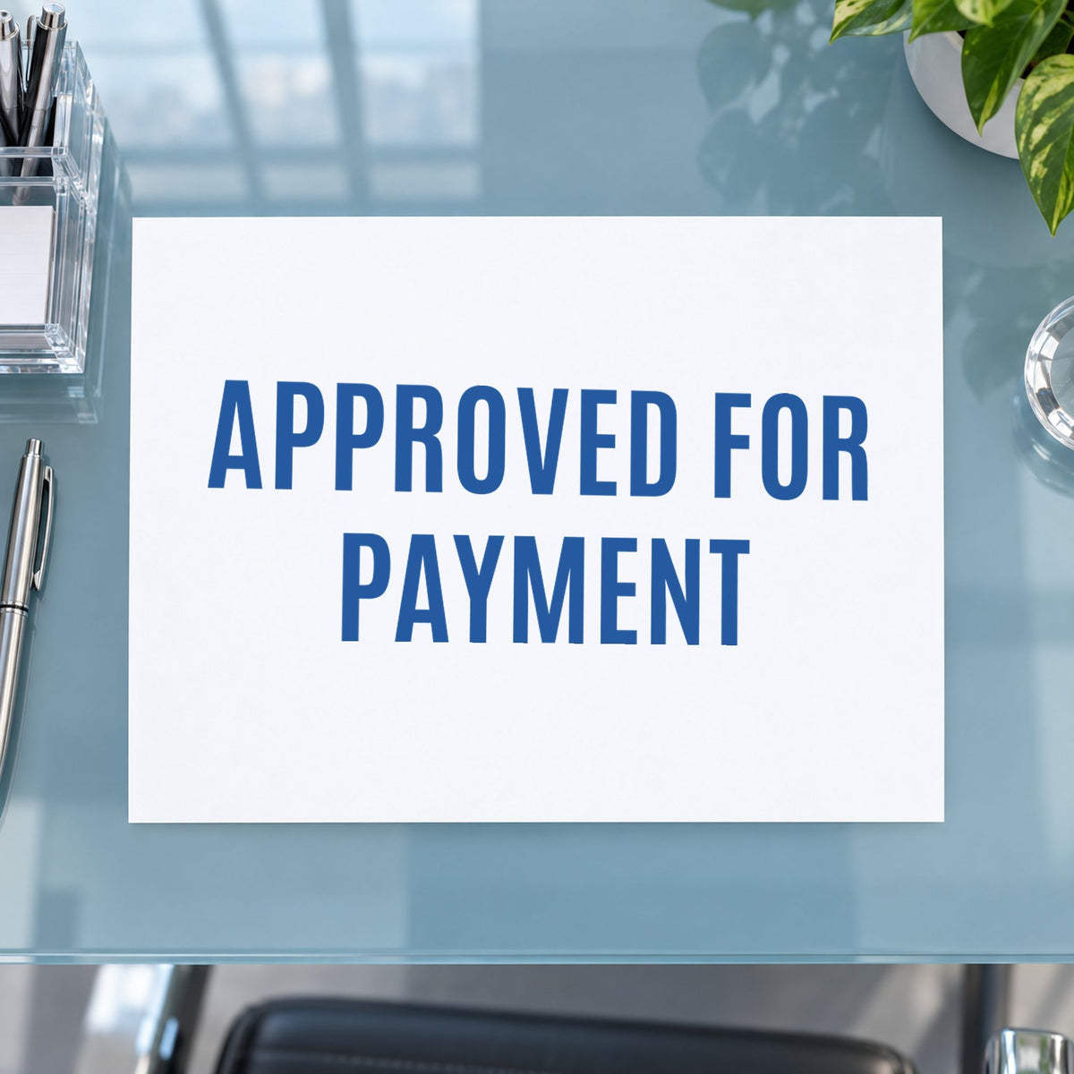 "Approved for payment" Xstamper pre-inked stamp beside its rectangle imprint