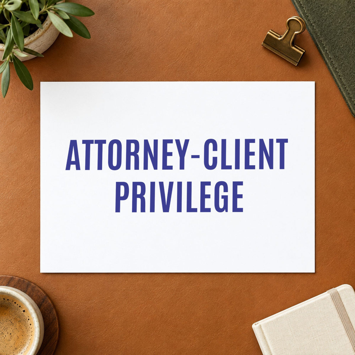 "Attorney-client privilege" Xstamper stamp in use on paper, Approximately 1/2 in tall x 1-5/8 in wide rectangle imprint