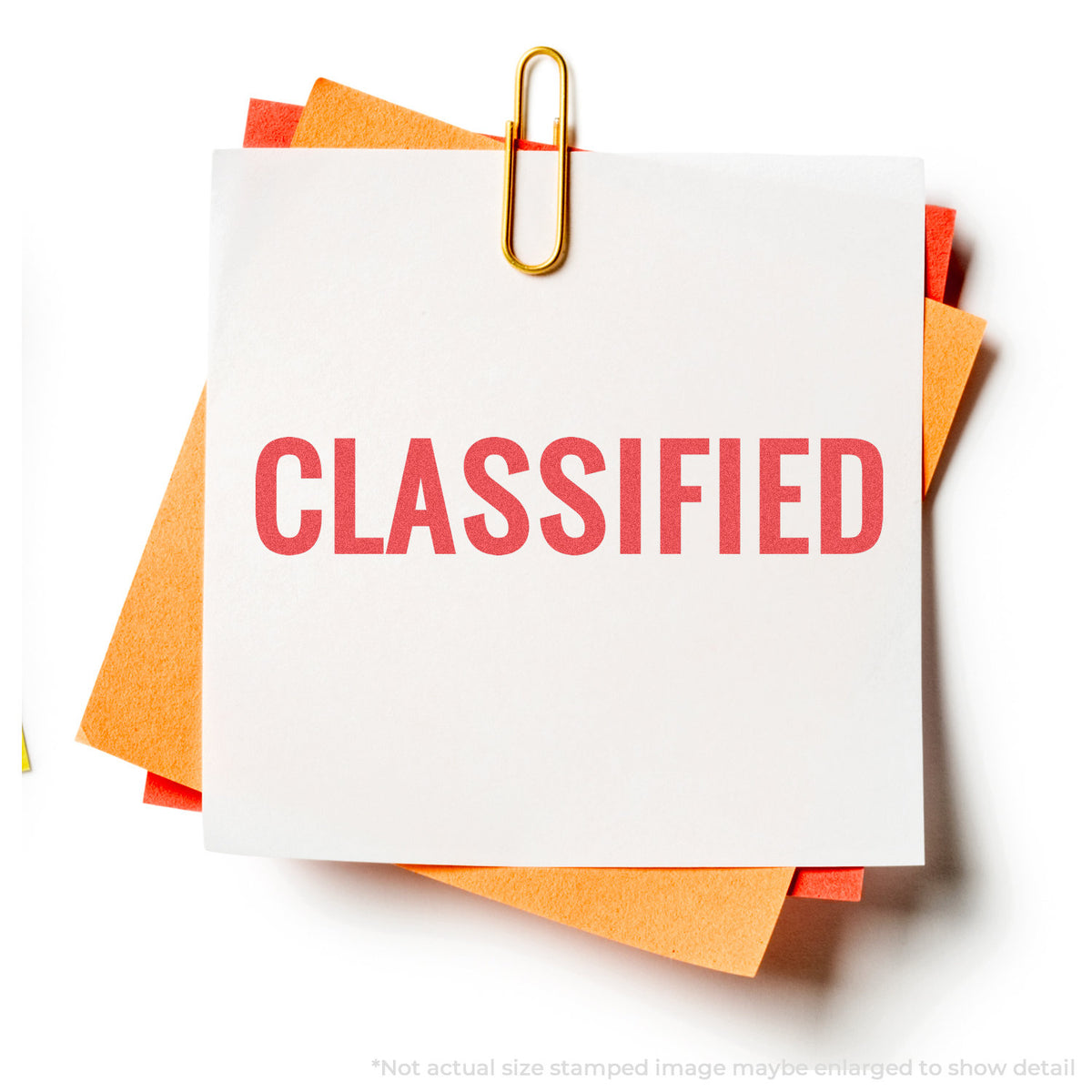 "Classified" stamp and its crisp 1/2 x 1-5/8 in impression on paper