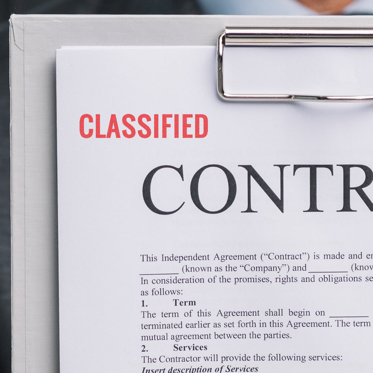 "Classified" pre-inked imprint on a page, rectangle shape at 1/2 x 1-5/8 in