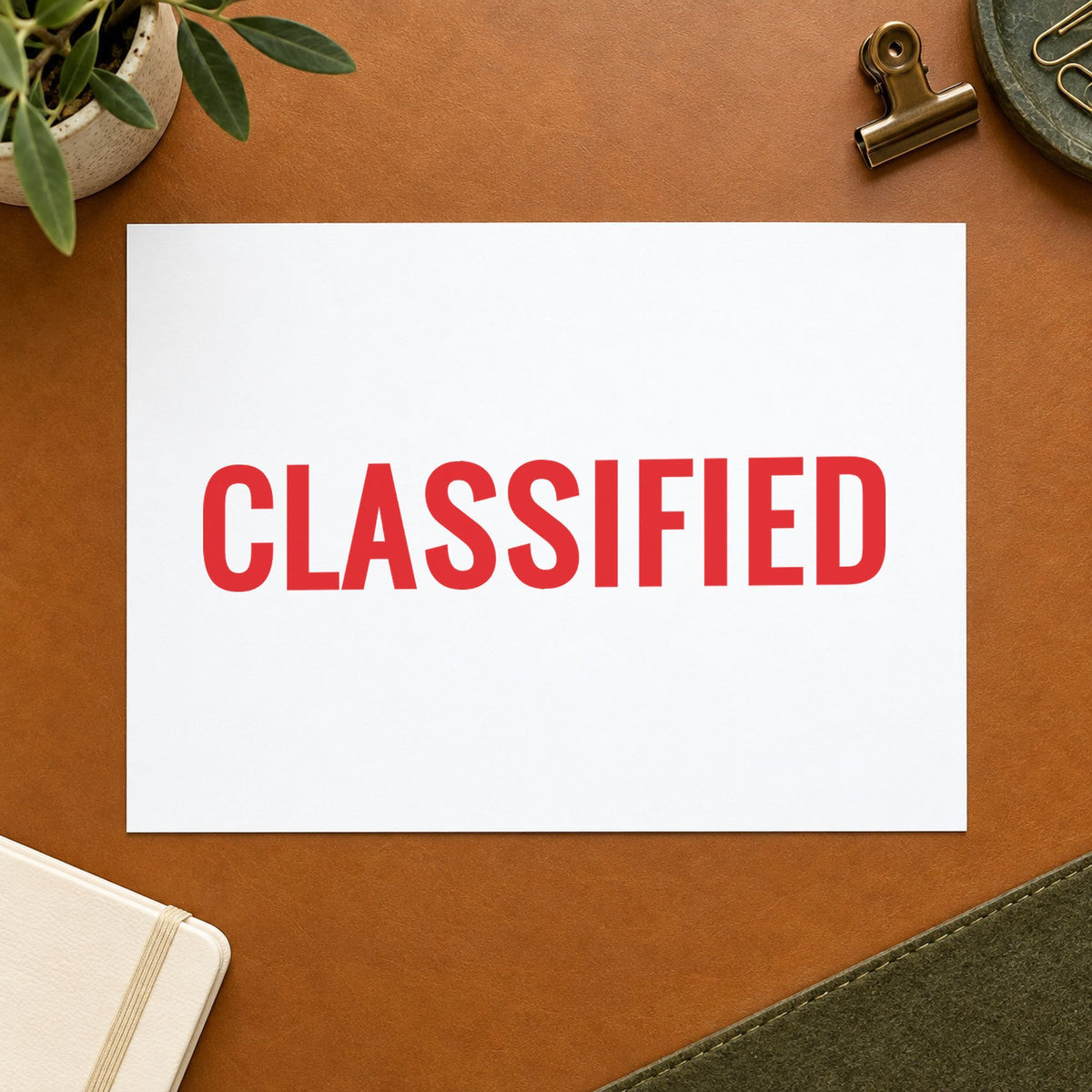 "Classified" Xstamper pre-inked stamp beside its rectangle imprint