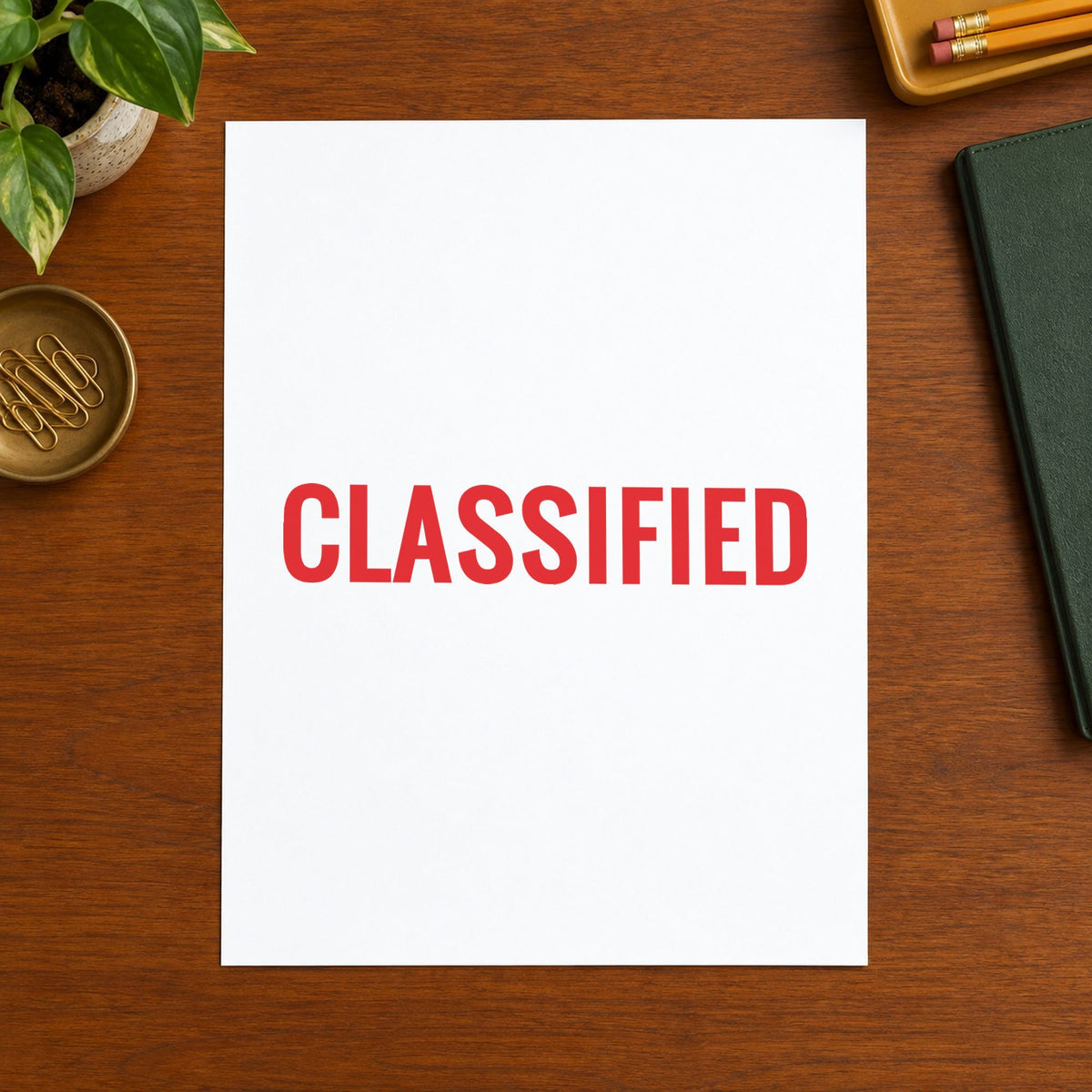 Pre-inked "Classified" stamp marking paperwork in an office setting