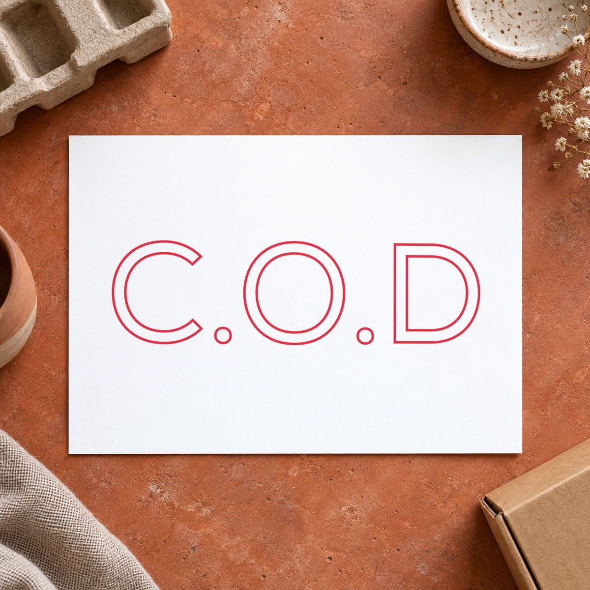 "C.O.D." Xstamper stamp in use on paper, Approximately 1/2 in tall x 1-5/8 in wide rectangle imprint
