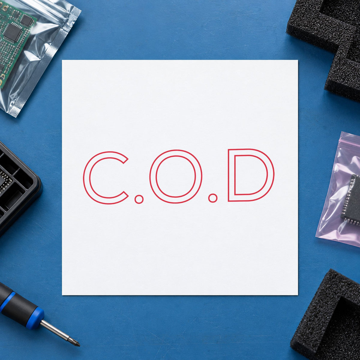 Pre-inked "C.O.D." stamp marking paperwork in an office setting