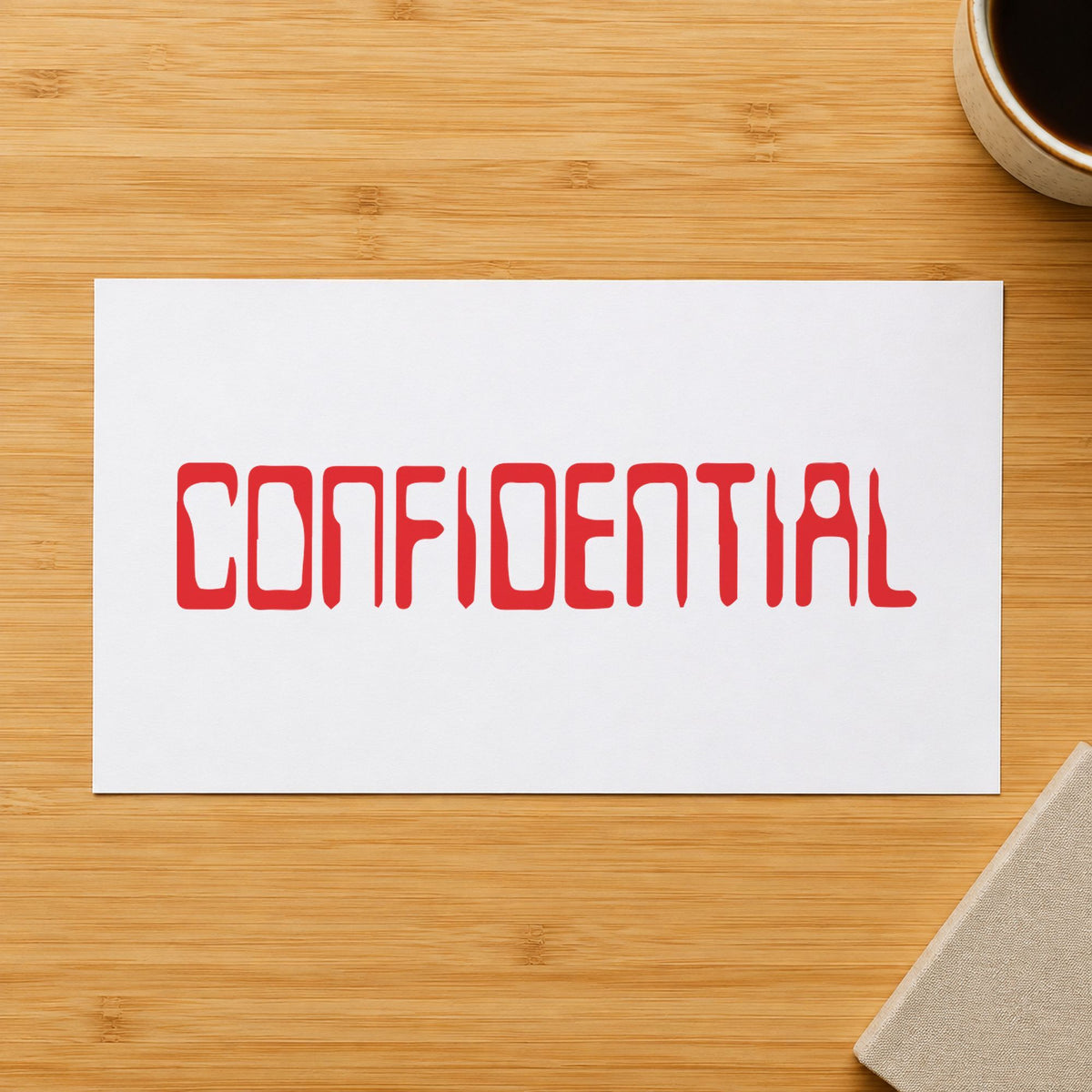 "Confidential" Xstamper stamp in use on paper, Approximately 1/2 in tall x 1-5/8 in wide rectangle imprint